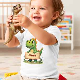 Cute Dinosaur with Name Sign Personalized Baby T-Shirt