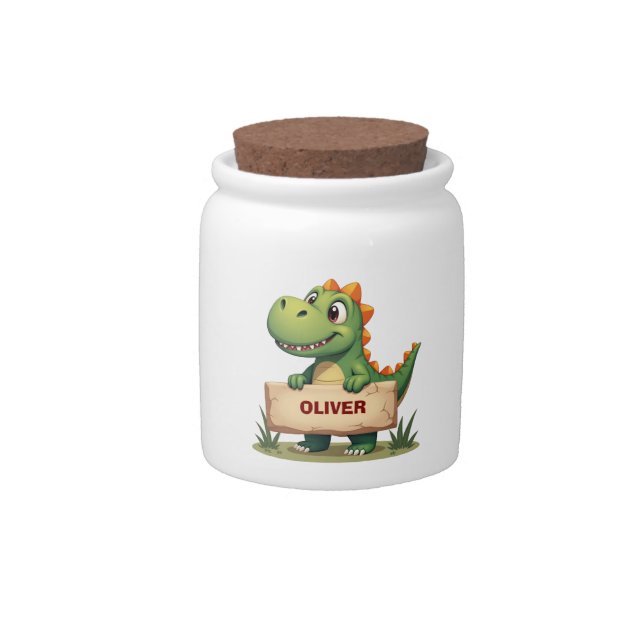 Cute Dinosaur with Name Sign Personalized Candy Jar (Front)