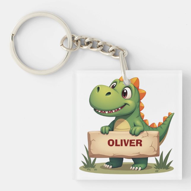 Cute Dinosaur with Name Sign Personalized Keychain (Front)