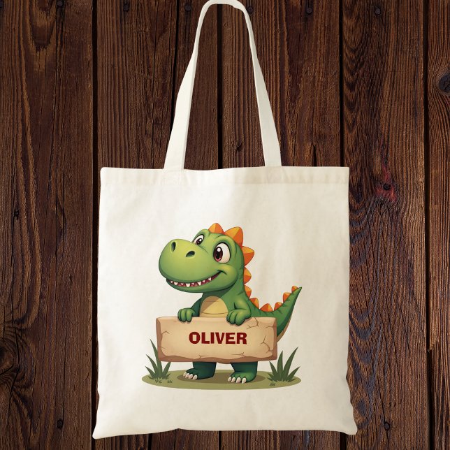 Cute Dinosaur with Name Sign Personalized Tote Bag (Creator Uploaded)