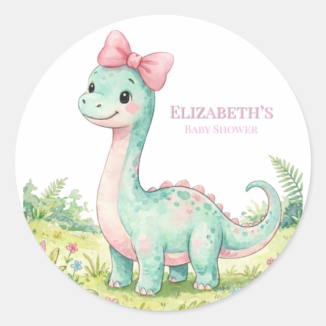 Cute Dinosaur With Pink Bow Baby Shower Classic Round Sticker (Front)