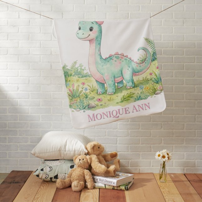 Cute Dinosaur With Pink Bow Baby Shower Gift Blanket (In Situ)