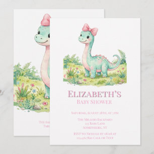 Cute Dinosaur With Pink Bow Baby Shower Invitation