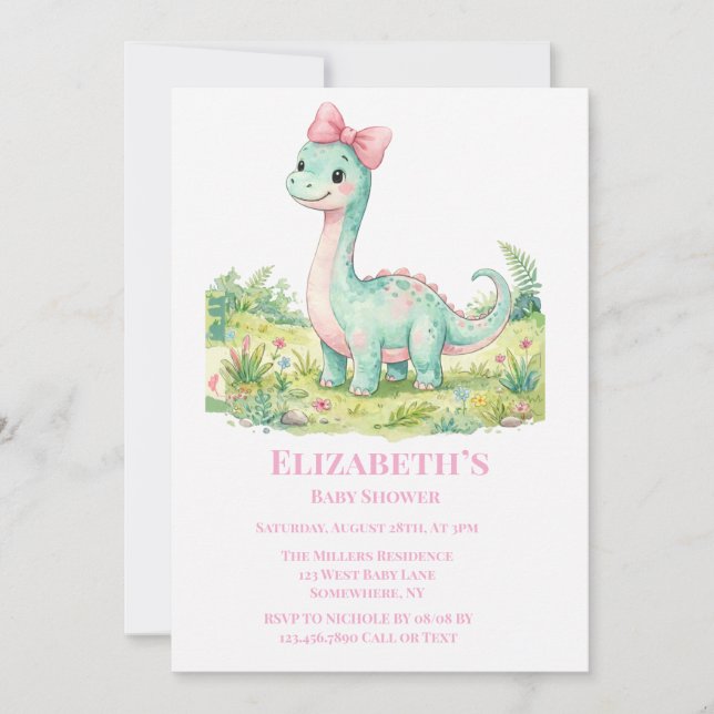 Cute Dinosaur With Pink Bow Baby Shower  Invitation (Front)