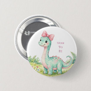 Cute Dinosaur With Pink Bow Baby Shower Mom To Be Button