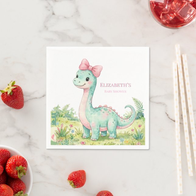 Cute Dinosaur With Pink Bow Baby Shower Napkins (Insitu)