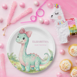 Cute Dinosaur With Pink Bow Baby Shower Paper Plates