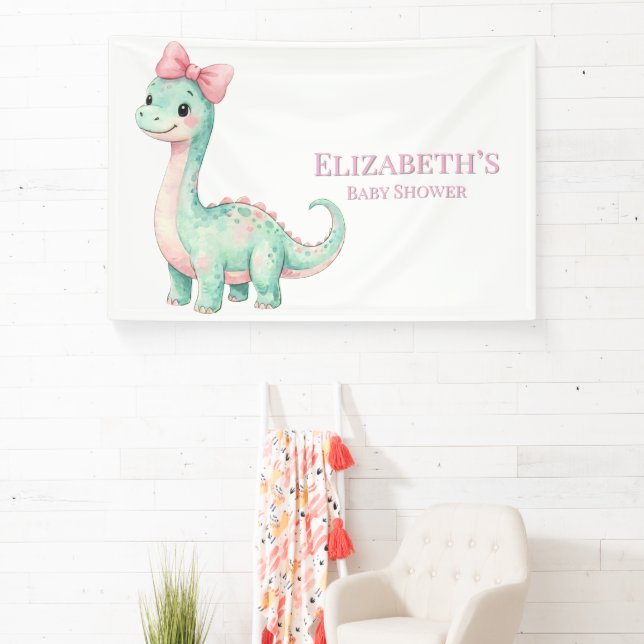 Cute Dinosaur With Pink Bow Baby Shower Welcome Banner (Insitu)