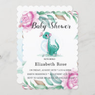 Cute Dinosaur With Pink Peony Baby Girl Shower Invitation