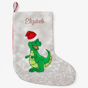 Cute Dinosaur With Santa Hat ,Glittery Bokeh Small Christmas Stocking