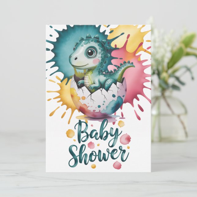 Cute Dinosaur with Watercolor Splash Baby Shower Invitation (Standing Front)
