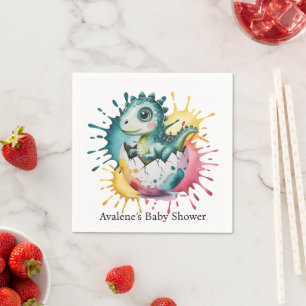 Cute Dinosaur with Watercolor Splash Baby Shower Napkins