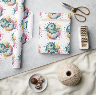 Cute Dinosaur with Watercolor Splash Baby Shower Wrapping Paper