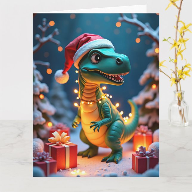 Cute Dinosaur Wrapped in Lights Christmas Scene Card (Yellow Flower)