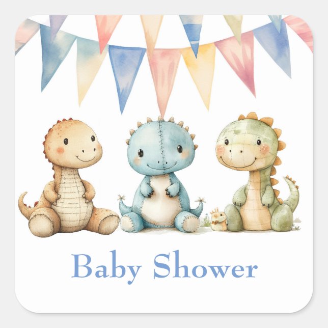 Cute Dinosaurs and Friends Boy Baby Shower Square Sticker (Front)