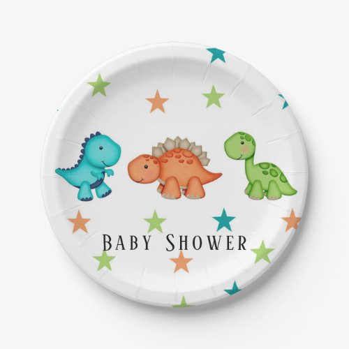 Cute Dinosaurs and Stars Baby Shower Paper Plates