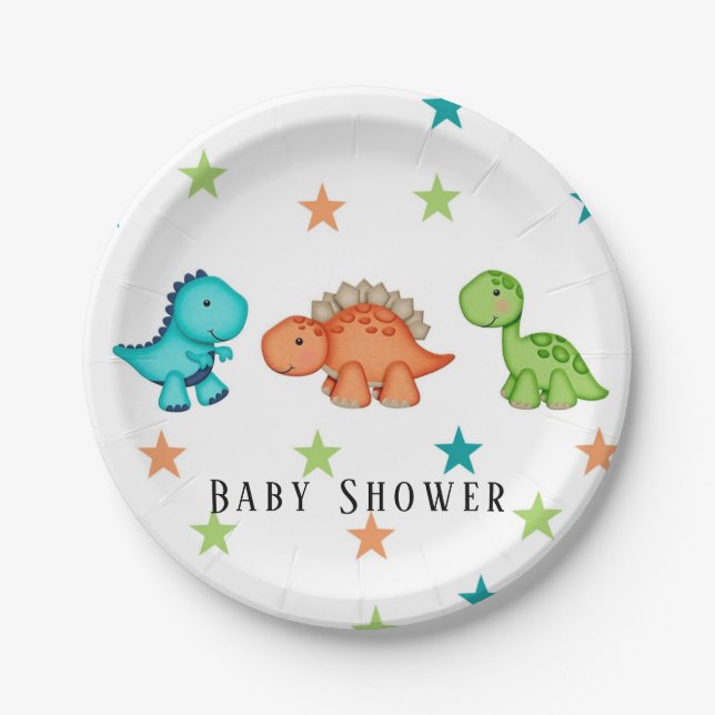Cute Dinosaurs and Stars Baby Shower Paper Plates (Front)