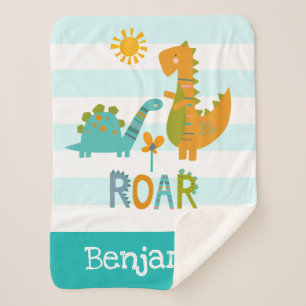 Cute Dinosaurs Baby Boy Bold Turquoise Stripe Name Sherpa Blanket