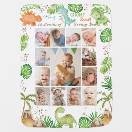 Cute Dinosaurs Baby Boy Photo Collage Milestone Baby Blanket