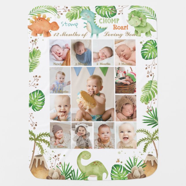 Cute Dinosaurs Baby Boy Photo Collage Milestone Baby Blanket (Front)