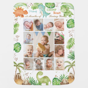Cute Dinosaurs Baby Boy Photo Collage Milestone Blanket