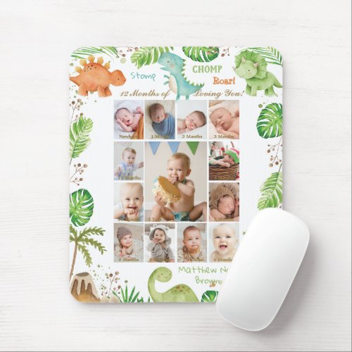 Cute Dinosaurs Baby Boy Photo Collage Milestone Mouse Pad