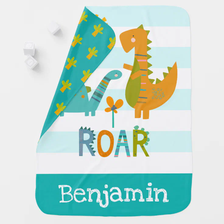 Cute Dinosaurs Baby Boy Turquoise Stripes Keepsake Baby Blanket Zazzle