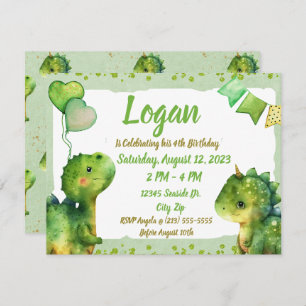 Cute Dinosaurs Baby Dino Heart Balloons Birthday Invitation