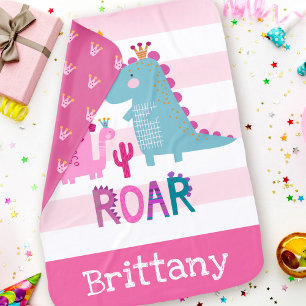 Cute Dinosaurs Baby Girl Pink Stripe Keepsake Name Blanket