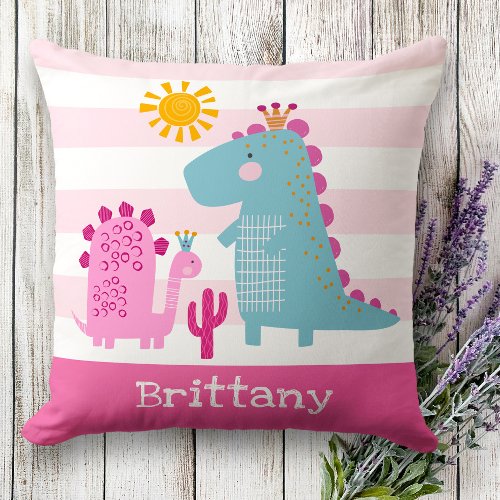 Cute Dinosaurs Baby Girl Pink Stripes Bold Kawaii Throw Pillow