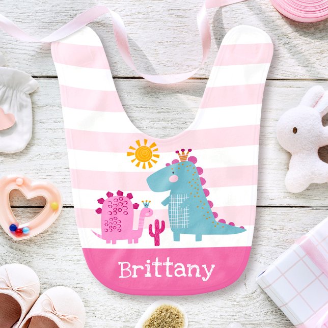 Cute Dinosaurs Baby Girl Pink Stripes Reversible Baby Bib (Creator Uploaded)