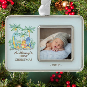 Cute Dinosaurs Baby's 1st Christmas Photo Ornament
