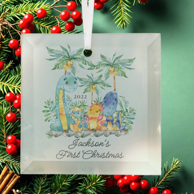 Cute Dinosaurs Baby's First Christmas Glass Ornament (Creator Uploaded)