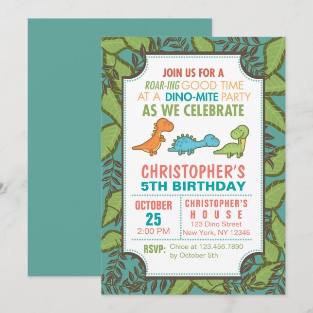 Cute Dinosaurs Birthday Party Invitation (Front/Back)