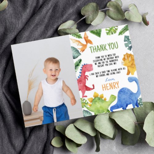 Cute Dinosaurs Birthday Photo Thank You Card
