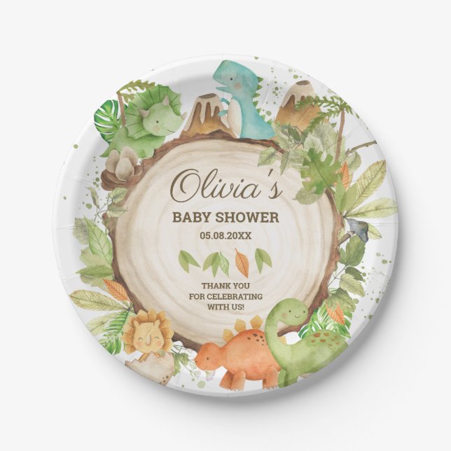 Cute Dinosaurs Boy Baby Shower Greenery Leafy Paper Plates (Front)