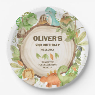 Cute Dinosaurs Boy Birthday Greenery Green Foliage Paper Plates