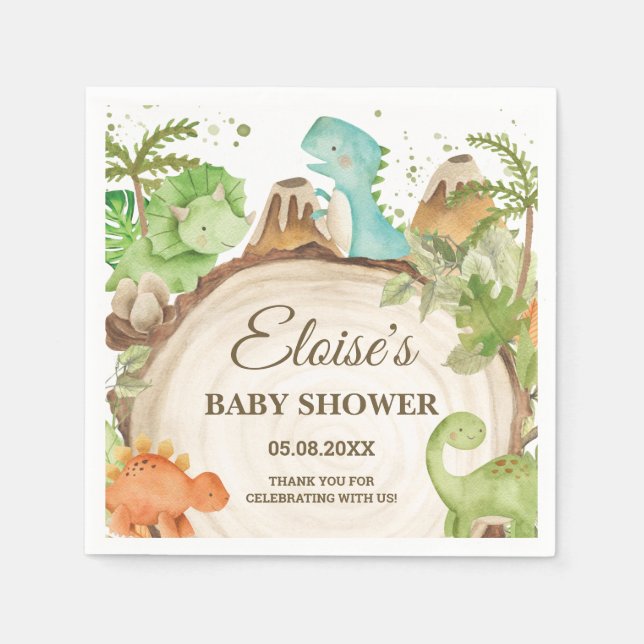 Cute Dinosaurs Boy Birthday Greenery Leaf T-Rex  Napkins (Front)