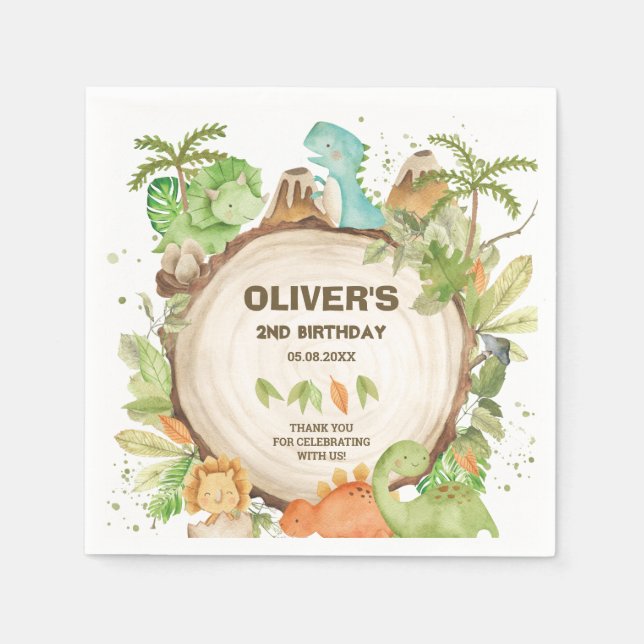 Cute Dinosaurs Boy Birthday Greenery Leaf T-Rex  Napkins (Front)