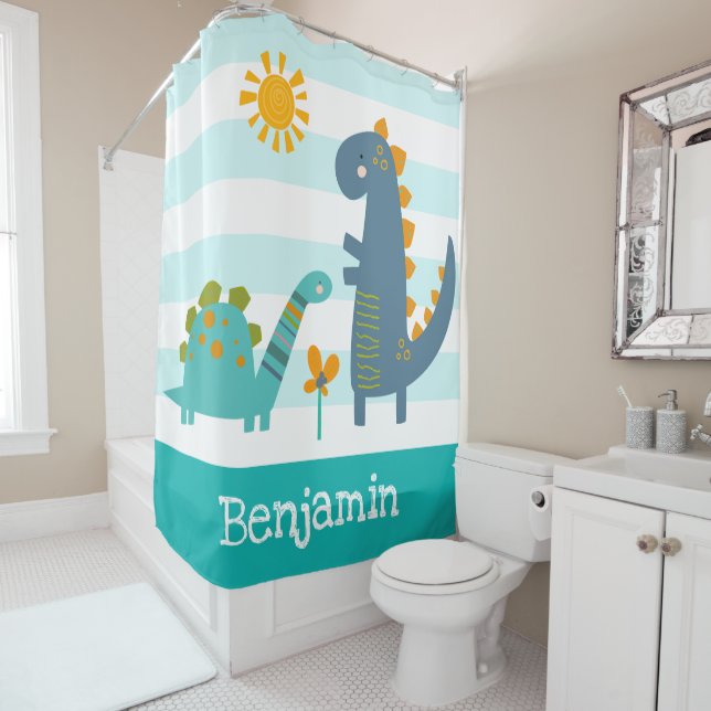 Cute Dinosaurs Boy Blue Stripes Name Fun Kawaii Shower Curtain (In Situ)