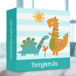Cute Dinosaurs Boy Turquoise Stripes Kawaii Name 3 Ring Binder<br><div class="desc">Make organizing fun with this adorable, modern, custom name dinosaur school or baby photo scrapbooking binder. A sweet, playful visual of a cute, bold, kawaii, brontosaurus and t-rex scene and personalized, handwritten typography overlay soft turquoise blue and white stripes the front. A bold, cool palm tree icon overlays soft turquoise...</div>