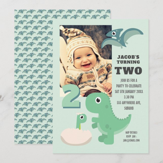 Cute Dinosaurs Boys 2nd Birthday Party Photo Invitation (Front/Back)