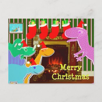 Cute Dinosaurs By The Fireplace Christmas Postcard by dinoshop at Zazzle