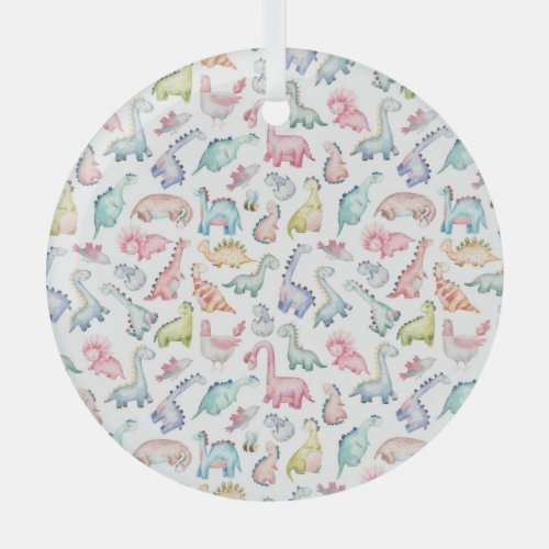 Cute dinosaurs childrens watercolor pattern glass ornament