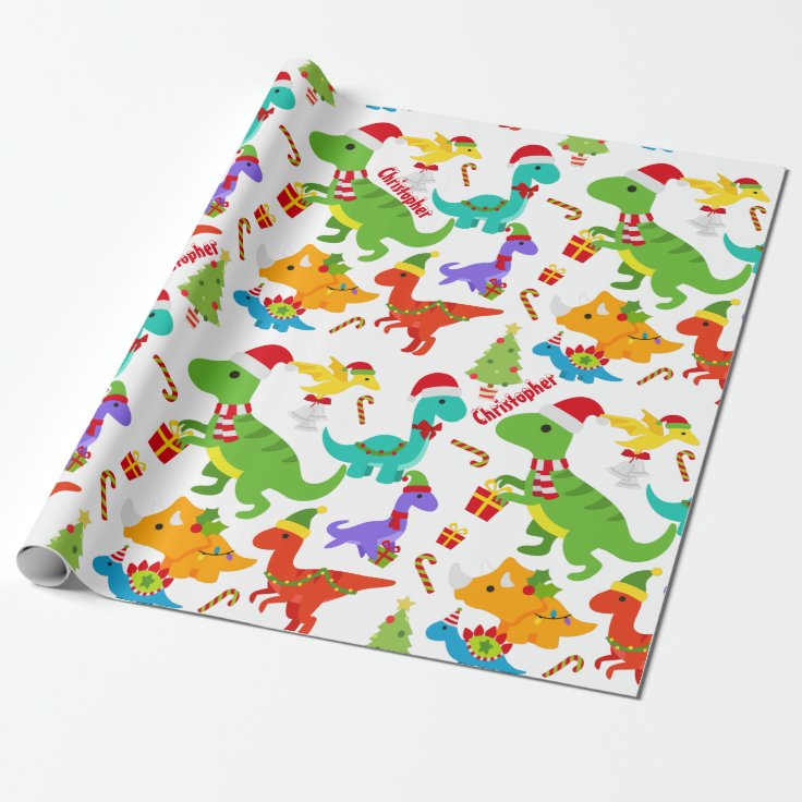 Cute Dinosaurs Christmas Personalized Wrapping Paper Zazzle