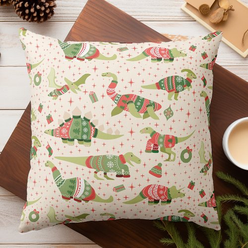 Cute Dinosaurs Christmas Sweaters Throw Pillow