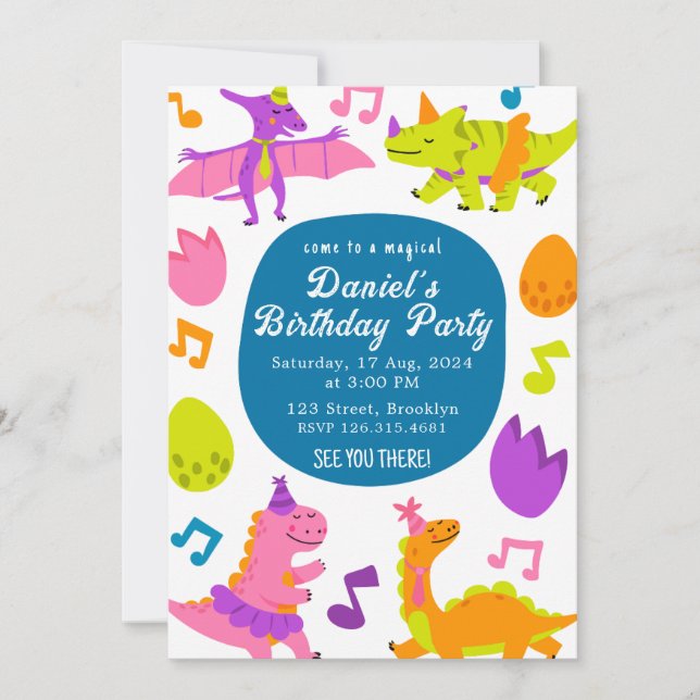 Cute Dinosaurs Colorful Birthday Kids Party Invitation (Front)