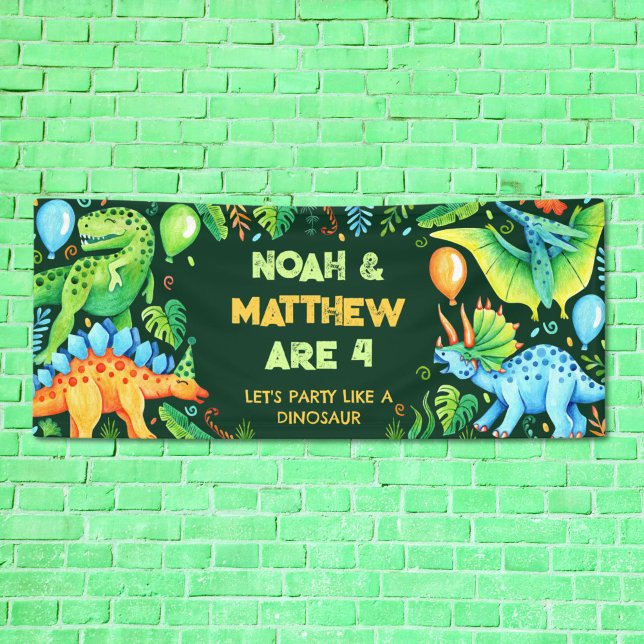 Cute Dinosaurs Combined Birthday Joint Siblings  Banner (Cute Dinosaurs Joint Siblings Birthday Banner)