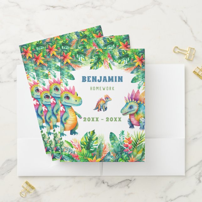 Cute Dinosaurs Custom Name Tropical Kids School Pocket Folder (In Situ)