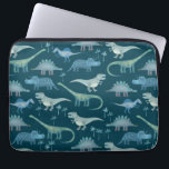 Cute Dinosaurs Dark Green Pattern Laptop Sleeve<br><div class="desc">Lots of whimsical blue dinosaurs,  Tyrannosaurus rex,  Spinosaurus,  Stegosaurus,  Diplodocus and Triceratops. Eek!</div>